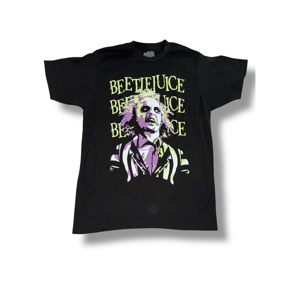Beetlejuice Graphic T-Shirt Men‎ Medium Black Neon Green Purple Movie Tee